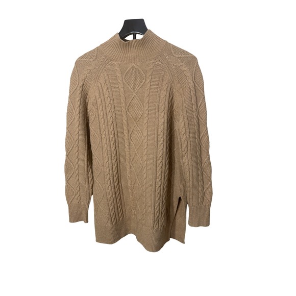 Reiss Sweaters - Reiss Womens Camel Tan Wool Blend Cable Knit Mock Neck Sweater Side Slits Small